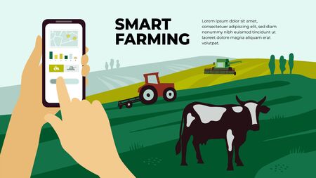 Illustration of  smart farming with smartphone in hands. Innovation technology for agricultural company. Remote controllable tractor, combine harvester. Template with cow, machinery for banner, flyer.のイラスト素材