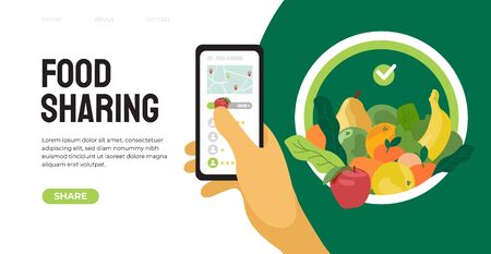 Food sharing project mobile app help restaurant and cafe sell unused food. Vector illustration of share meal and waste reduction. Hand holding smartphone. Template for banner, flyer, landing page, webのイラスト素材