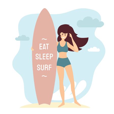 Young woman holding surfboard. Smiling girl surfer in swimwear on the beach of sea or ocean. Wind in hair, waves and quote Eat, sleep, surf. Vector illustration for surf school, banner, print, t-shirtのイラスト素材