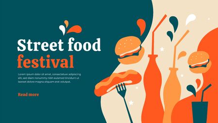Vector illustration with hot dog sausages, burgers and drink. Street Food Festival concept design, poster or layout. Fast food store on wheels, cart. Template for banner, flyer, menu, bbq, truck, cafeのイラスト素材