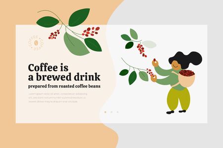 Layout template with title Coffee is a brewed drink prepared from roasted coffee beans. Background with picker harvesting ripe berries. Vector illustration for banner, landing page, prints, flyer, ad.のイラスト素材