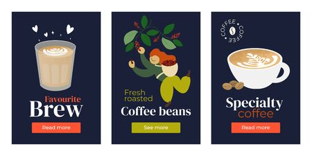 Vector illustrations of Favorite Brew, Specialty coffee, roasted beans. Set of backgrounds with cup of cappuccino, flat white, picker harvesting ripe berries. Template for banner, poster, web, print.のイラスト素材