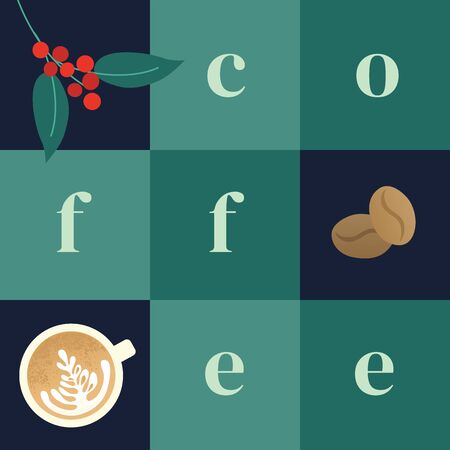 Vector illustration with cup of cappuccino, inscription coffee, beans and branch with leaves. Square style background for specialty coffee house, shop or package. Template for poster, brochure, flyer.のイラスト素材