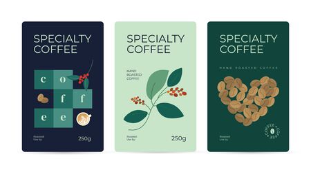 Specialty coffee packaging design concept. Set of labels for hand roasted beans. Vector illustrations with cappuccino, branch of plant and heart shaped coffee beans. Mockup for pack, ad, presentation.のイラスト素材