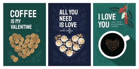 Set of greeting card for Valentines day and coffee lovers. Funny cute illustrations with cup of cappuccino and espresso. Poster with quote All you need is love. Banner with heart shaped roasted beansのイラスト素材