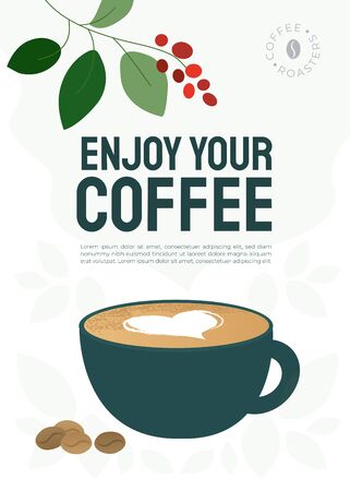 Poster of specialty coffee with cup of cappuccino, milk heart and roasted beans. Vector illustration with quote Enjoy your coffee. Design for restaurant, cafe, shop. Background for banner, menu, flyerのイラスト素材