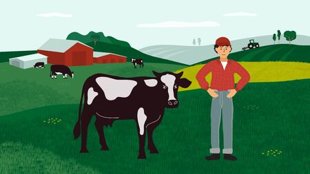 Agricultural landscape with farmer, cows and tractor on field. Farm land with cattle in pasture. Background for agriculture, farming, livestock or dairy company. Vector illustration for flyer, banner.のイラスト素材