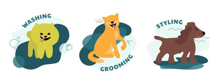 Set of dog care service icons. Concept for pet grooming, styling, washing salon. Isolated vector illustrations with happy puppies of spitz, shiba inu, spaniel. Design of domestic animals for pet shop.のイラスト素材