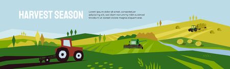 Harvest season and agriculture concept. Farm landscape, panoramic scenery of countryside in autumn. Vector illustration of tractors, plowing land, combine harvester and hayfield with haystack rolls.のイラスト素材