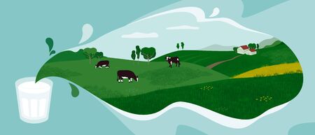 Glass of fresh milk from farm. Vector illustration of dairy splash with rural landscape, green hills, valley, cows on meadow and farmers cottage. Design with nature for milk packaging, banner, flyer.のイラスト素材
