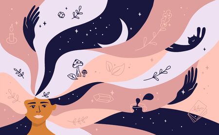 Modern witch postcard. Young magic woman with moon in long hair, black cat, tarot cards. Spirituality and mystery concept. Hands, symbolic objects and witchcraft. Vector illustration of stylish girl.のイラスト素材