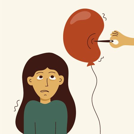 Overwhelmed girl or burnout syndrome concept. Young woman heated to the limit. Mom's problems with troubled children. Vector illustration of losing patience. Human hand pierces balloon with needle. のイラスト素材
