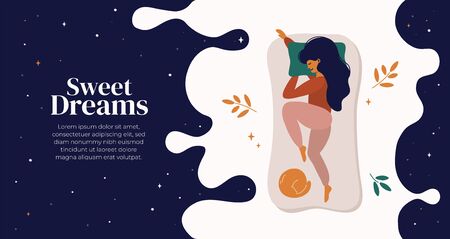 Sweet dreams, good health concept. Young woman sleeps on side. Vector illustration of girl and cat in bed, night sky, stars. Advert of mattress. Design template with pose of sleeping for flyer, layoutのイラスト素材