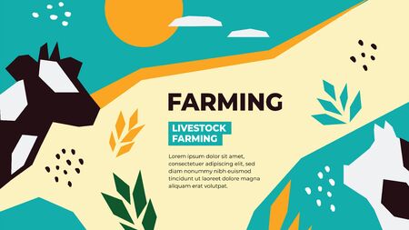 Abstract background for livestock farming company with symbols of cow and pig. Cartoon vector illustration of farm land and domestic animals. Design template for banner, flyer, brochure, poster, web.のイラスト素材