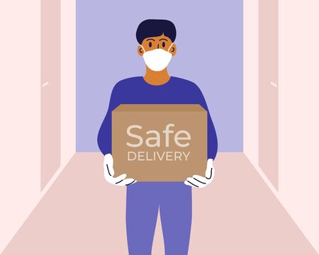Safe delivery. Stay home and order food or goods by courier service. Man in protective face mask and gloves with products box standing in front of door. Coronavirus quarantine isolation illustration.のイラスト素材