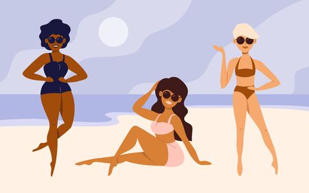 Body positive, love your figure concept. Different skin color and ethnicity cute girls in swimsuits smiling and posing on beach. Three beautiful multicultural woman. Summer time vector illustration.のイラスト素材