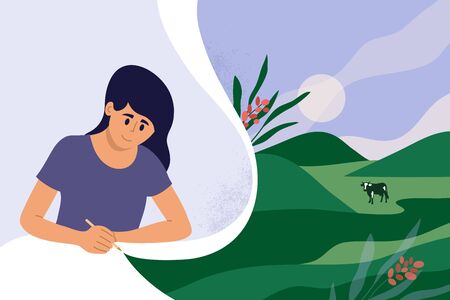 Girl artist drawing picture with landscape. Painter or art person. Woman graphic designer creating vector illustration with nature hills, farm land, meadow, cow in pasture. Oil or acrylic paint work. のイラスト素材