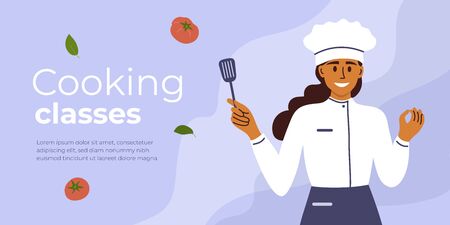 Layout template for cooking classes. Young chef woman holding kitchen item and showing gesture delicious. Banner with smiling girl for culinary blog, preparing food vlog, channel. Vector illustrationのイラスト素材