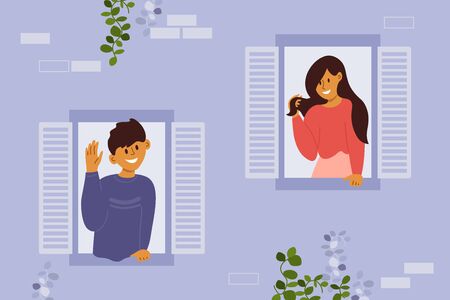 Stay home concept. Smiling man and woman look out of apartment windows and flirt. House facade flat vector illustration. Greeting of young happy neighbors. People familiarity. Self isolation dating. のイラスト素材