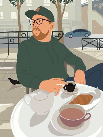 Man with beard sitting at table in sunny street cafe or coffeehouse. Guy enjoys drinking coffee with croissant in open air. Breakfast and cup of tea outdoors. Summer time in city vector illustration.のイラスト素材