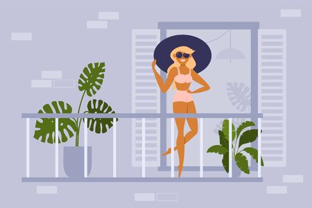 Young woman sunbathing on balcony of residential building. Girl in swimsuit, hat and glasses tans under sun on open terrace in apartment. Summer time 2020 at home. Self isolation vector illustration.のイラスト素材