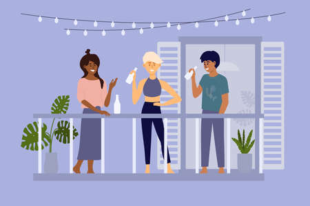 Young man and women having party on balcony of building. Multicultural group of people hang out together on terrace. Diverse friends drink beverage in bottles. Neighbor activities vector illustrationのイラスト素材