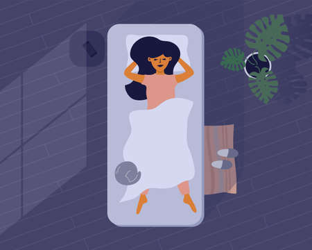 Healthy sleep concept. Girl and cat in bed. Night home interior with light from window. Sleeping pose. Young woman relaxing in bedroom. Sweet dreams, health care, bedtime vector illustration. Top viewのイラスト素材