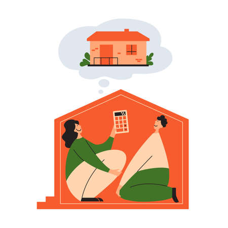 People in little house dream about new big dwelling, calculate mortgage rate. Family couple sitting in close apartment and planning buy or rent large home. House loan concept. Flat vector illustration.のイラスト素材