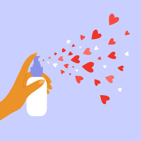 Aerosol with hearts. Giving and sharing love concept. Human hand holding dispenser and spraying with red heart shapes. Health, body or beauty care. Charity, donation or voluntary vector illustration.のイラスト素材