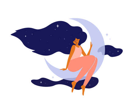 Cute girl with long hair sitting on moon. Happy woman dreaming in night sky and stars. Wellbeing, self and body care, slow life. Healthy sleep concept. Modern witch, crescent moon vector illustrationのイラスト素材