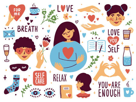 Vector set of self care icons. Love, relax, me time, slow life concept. Cute girl or woman hugging herself. Sticker collection with heart shape and lettering elements. Female body health illustrationのイラスト素材