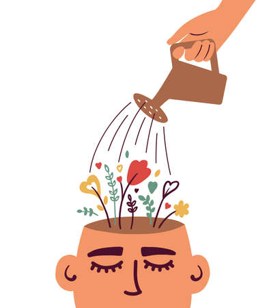 Mental health care, psychological therapy concept. Human hand with watering can irrigates blossom flowers inside head. Self care, healthy life. Psychologist help. Blooming brain vector illustrationのイラスト素材