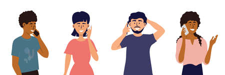 Diverse young people using smartphones. Multiethnic group of men and women making call, talking by cell phones. Characters with mobile devices in hand isolated on white background. Vector illustrationのイラスト素材