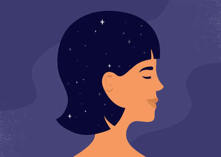 Female head with universe inside. Mental health, psychology, astrology. Mindfulness meditation or practice. Woman brain. Wellbeing, wellness mind. Girl with closed eyes. Self care vector illustrationのイラスト素材