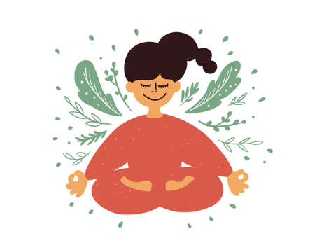Cartoon female character meditating sitting in lotus pose. Smiling inspired girl with crossed legs flying in dreams closed eyes. Yoga, mindfulness, wellness. Woman in plant leaves. Vector illustrationのイラスト素材