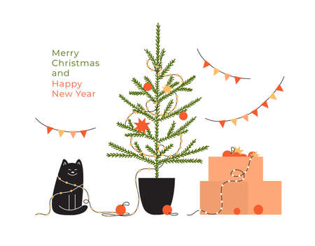 Greeting card with text Merry Christmas and Happy new year. Celebration holidays at home. Postcard with decorated Christmas tree, cat in garland, box with festive decor. Cartoon vector illustrationのイラスト素材