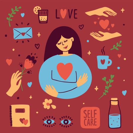 Set of self care vector icons on dark background. Girl hugging herself. Female hand holding flower. Bottle of water, diary, cup of tea, love, hearts sticker. Woman eyes. Body positive illustrationのイラスト素材