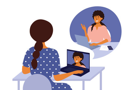 Online video call of business women, networking or web conference. Talking by laptop. Internet communication technology. Hiring, job interview, employment. Work place, home office vector illustrationのイラスト素材