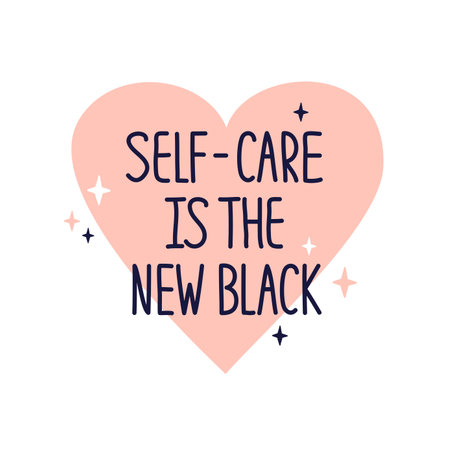 Illustration with quote Self care is the new black. Inspirational phrase, hand drawn heart shape and text. Icon or sticker of selfcare, love yourself concept. Vector Valentines postcard with letteringのイラスト素材