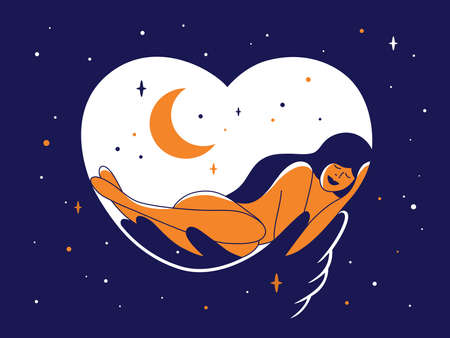 Beautiful naked woman sleeping in night sky hands. Sweet dream vector illustration. Healthy sleep, self or body care. Nude female figure in love embrace of universe. Stars, crescent moon, heart shapeのイラスト素材