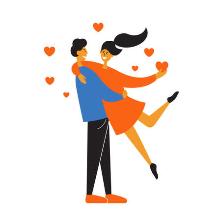Happy couple in love. Man carrying woman in arms. Male and female together. Valentines day card. Romantic persons embrace. Sweet date. Love story vector illustration. Girl holding heart shape in handのイラスト素材