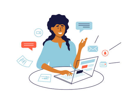 Work multitasking concept. Woman working by laptop, talking making video call. Female chatting online. Remote office, job, business task, workplace. Email, notice sign. Technology vector illustrationのイラスト素材