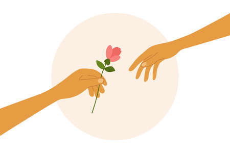Love, dating, romantic relationship. Human hand holding out flower to partner. Couple of lovers. Give cute gift for darling. Romance and care. People in love. Happy Valentine day. Vector illustrationのイラスト素材