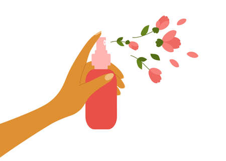 Rose water, flower hydrolat, perfume, natural cosmetics. Female hand holding aerosol dispenser spraying by petals, buds, leaves. Nature aroma fragrance. Body beauty care. Freshness vector illustrationのイラスト素材