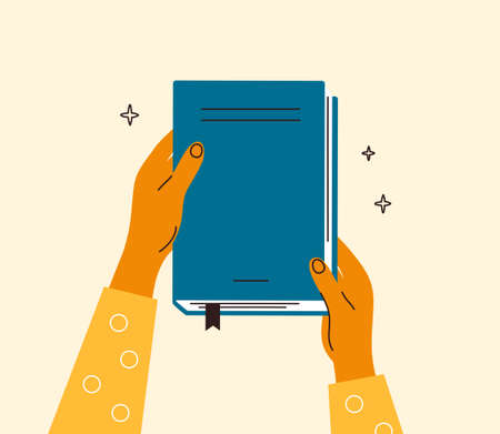 Human hands hold closed book. Student with literature or history textbook. Read books lover. Education, literacy day. Relaxing time to reading. Back to school. Bookstore, library vector illustrationのイラスト素材