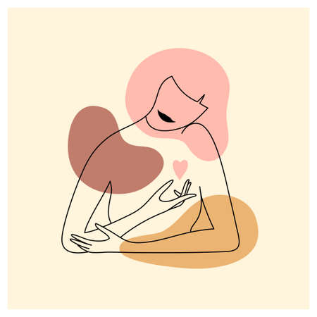 Vector minimalist portrait of woman holding heart in hand. Female silhouette in simple trendy linear style. Self, body care, love poster. Color abstract shapes, modern art, beauty fashion illustrationのイラスト素材
