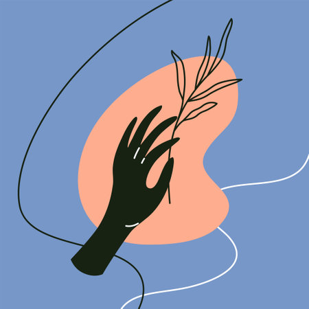 Abstract modern poster of black female hand with plant. Contemporary art illustration in trendy linear style, color abstract shape. Woman holding branch with leaves. Vector logo for cosmetics, jewelryのイラスト素材