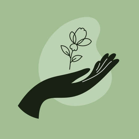 Abstract modern poster of black female hand with blooming flower. Contemporary art illustration in trendy linear style, color abstract shape. Woman holding rose. Vector logo for cosmetics, jewelryのイラスト素材