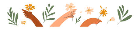 Set of diversity human hands holding flower. People gift blooming flowers. Floral design element isolated on white background. Florist, plant lover collect bouquet. Leaves, nature vector illustrationのイラスト素材