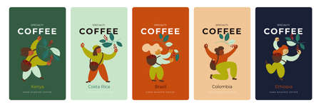Coffee package design set. Label collection, template for brand packaging hand roasted coffee beans. Vector illustration of happy pickers harvest red berries. Ethiopia, Colombia blend for cappuccinoのイラスト素材